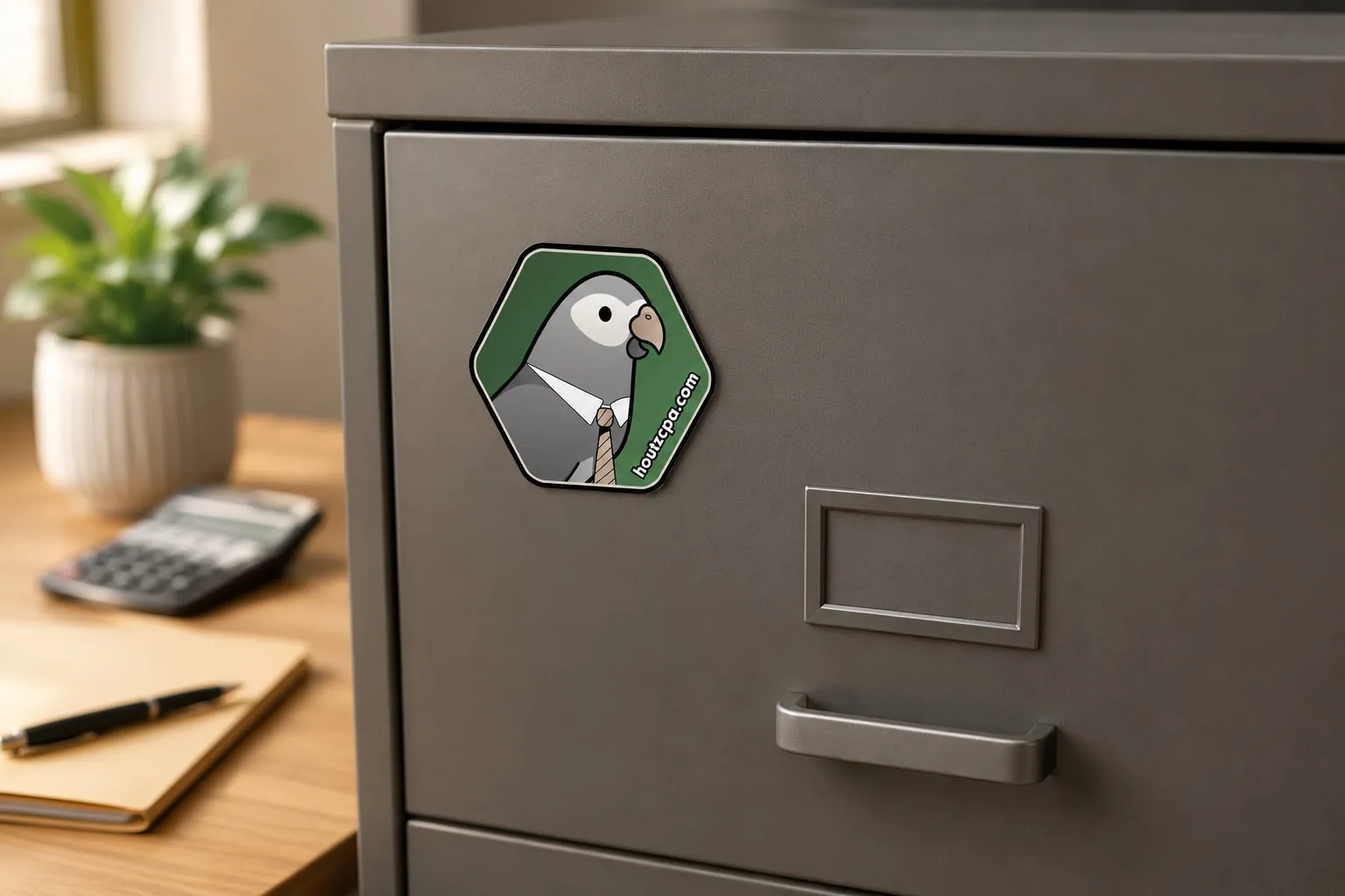 Houtz CPA parrot mascot magnet displayed on an office filing cabinet