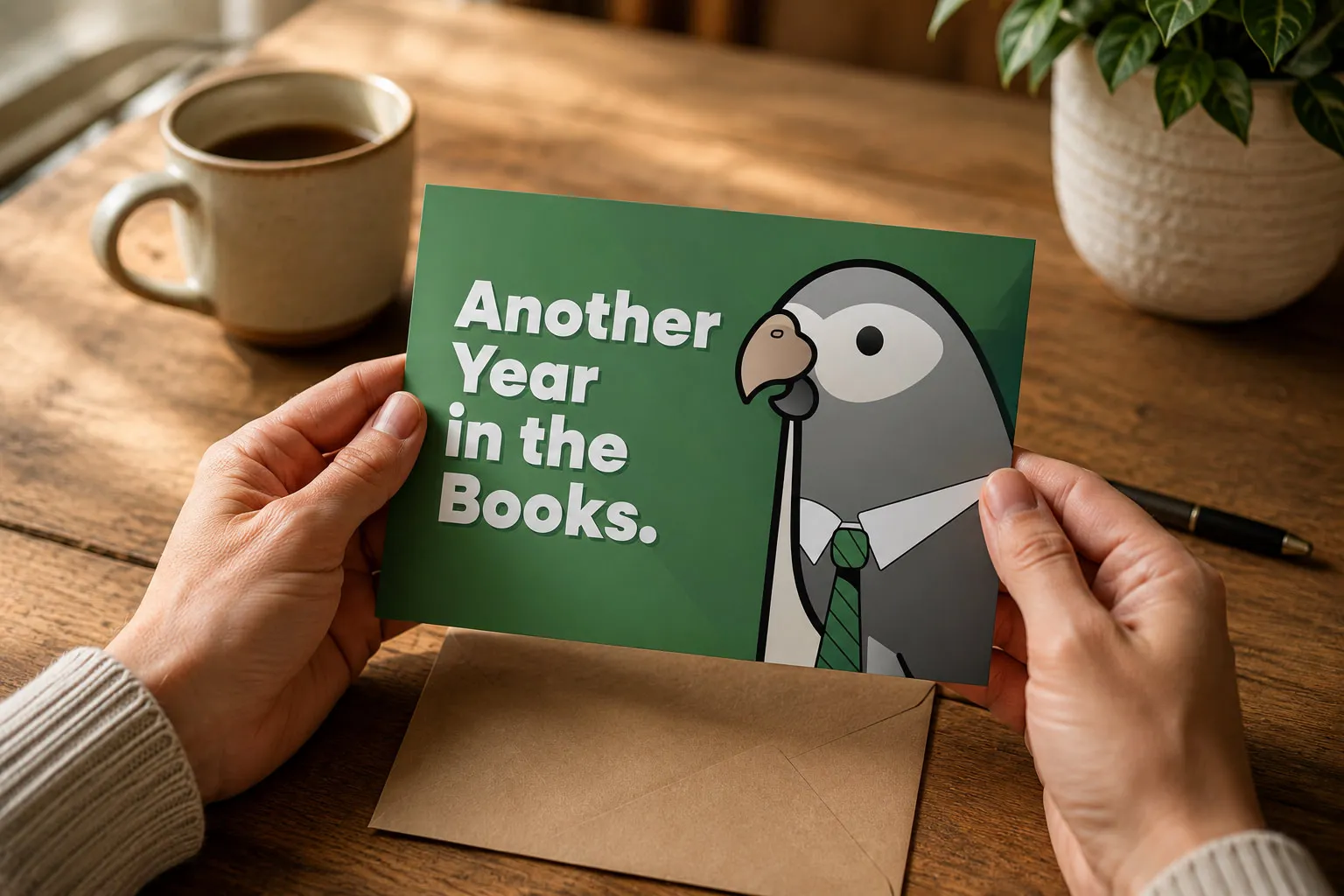 Houtz CPA birthday card design featuring Taxes the African Grey parrot mascot