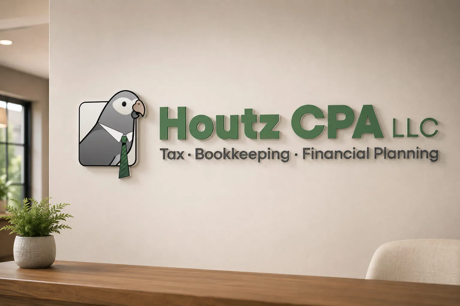Houtz CPA refreshed logo shown as an office wall sign