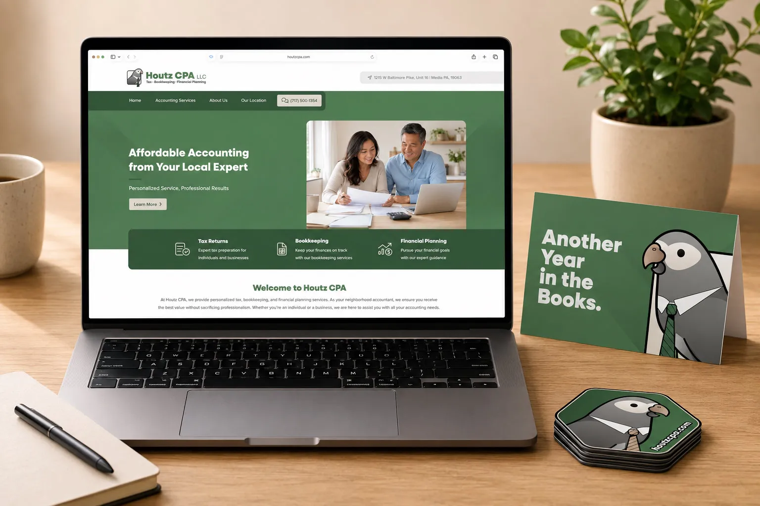 Houtz CPA website design shown on a laptop with matching branded print pieces and magnet