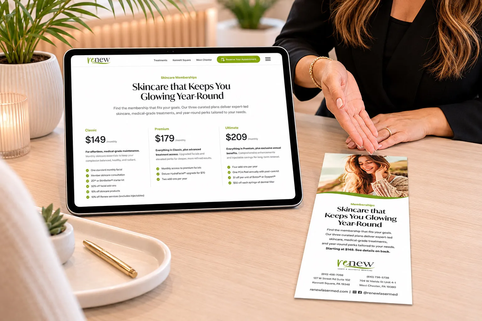 Renew Laser & Aesthetic Medicine membership webpage shown on a tablet beside a matching printed rack card