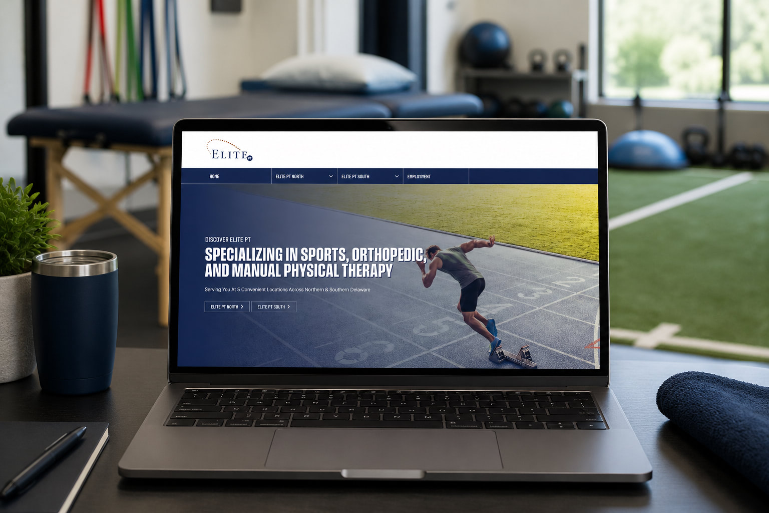 Elite PT website desktop mockup in a physical therapy clinic in Wilmington, Delaware