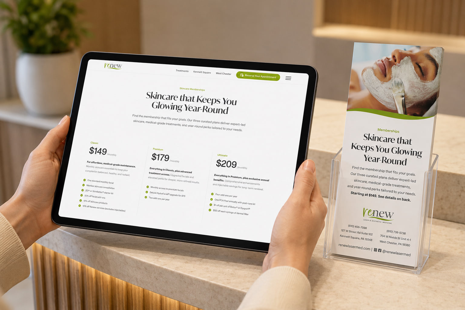 Renew Laser and Aesthetic Medicine membership website and rack card mockup in West Chester, Pennsylvania