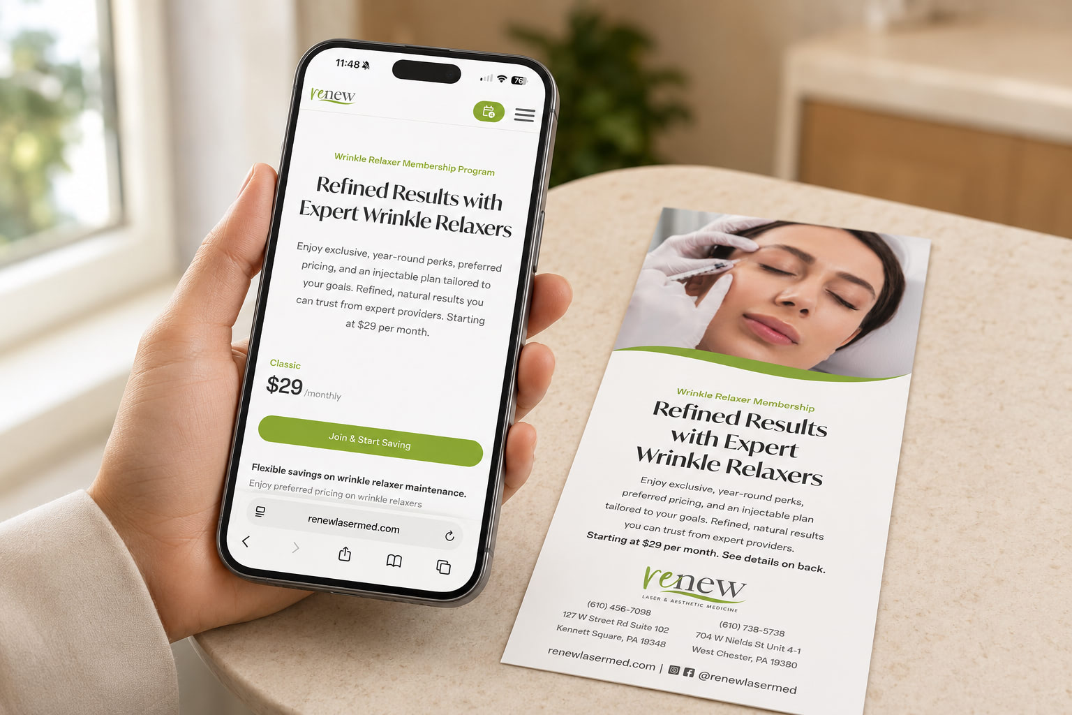 Renew Laser and Aesthetic Medicine mobile website and rack card mockup in West Chester, Pennsylvania